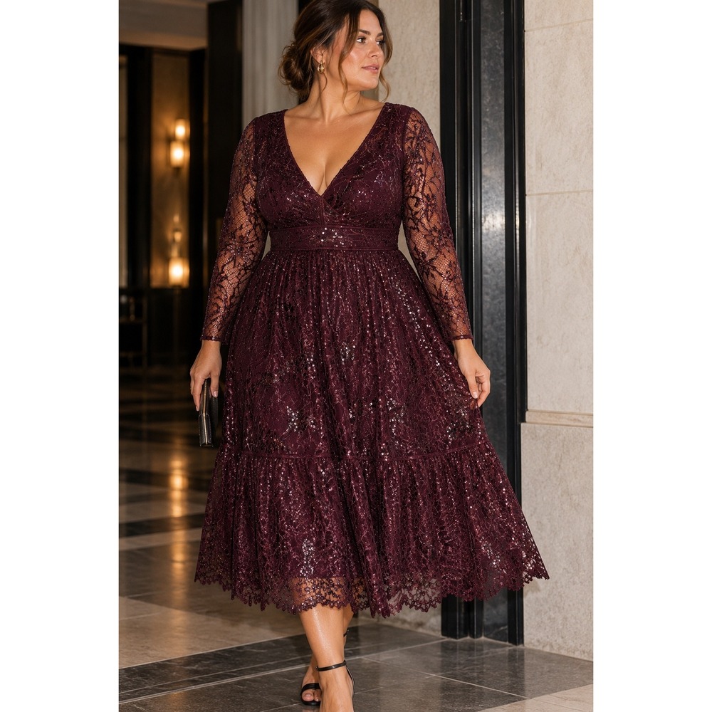 Mac Duggal Burgundy Lace Midi Dress